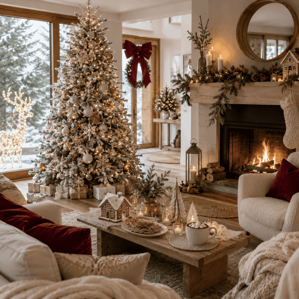 Grande pièce de vie décorée avec plusieurs styles de Noël parfaitement harmonisés : sapin blanc et or, cheminée au style scandinave avec bois et bougies, coussins bordeaux élégants, biscuits pain d’épices sur la table et renne lumineux visible dans le jardin enneigé.