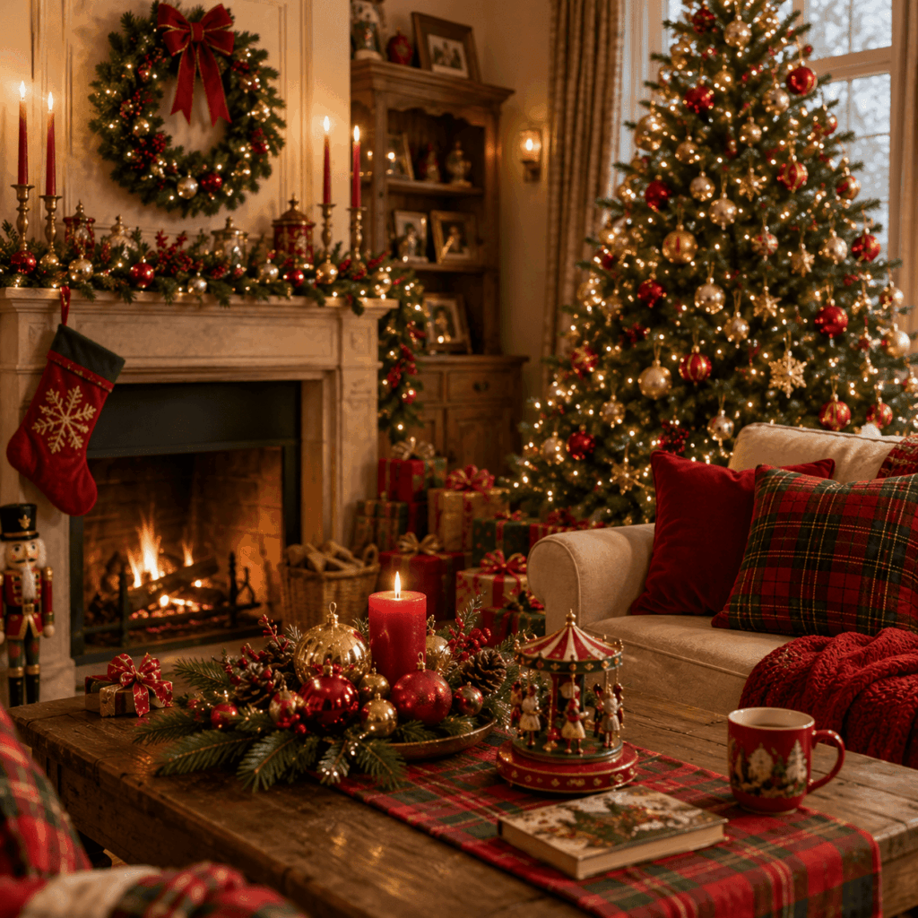 Ambiance Noël traditionnel dans un salon chaleureux avec grand sapin décoré de boules rouges et dorées, cheminée ornée d’une couronne et d’une guirlande, bougies, coussins tartan et décoration familiale rouge, vert sapin et or.