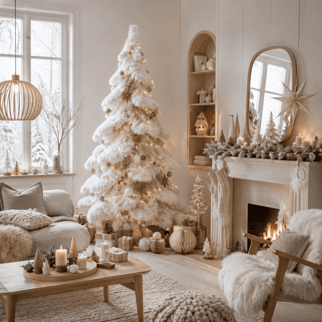 Ambiance Noël scandinave dans un salon lumineux avec bois clair, textiles doux, sapin décoré de boules blanches, ornements en bois et suspensions en papier alvéolé.