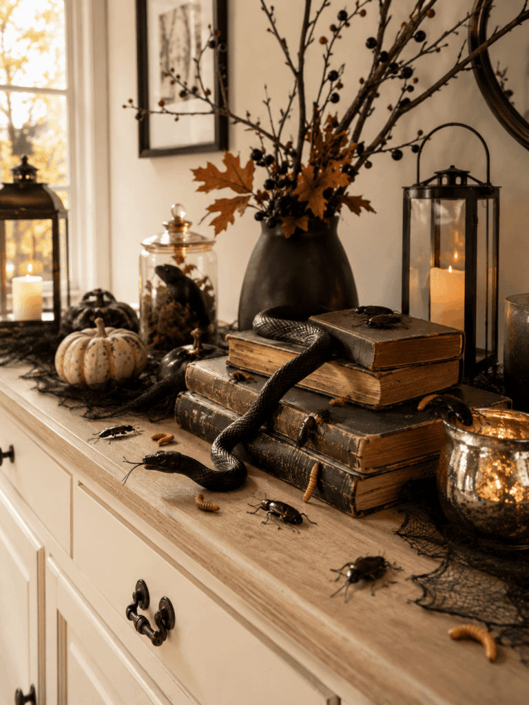Serpent et insectes décoratifs sur un buffet Halloween avec livres anciens et lanternes.