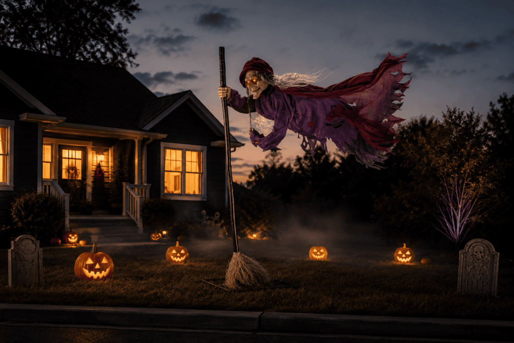Une sorcière géante volante sur son balai domine un jardin décoré pour Halloween avec citrouilles lumineuses, brume légère et pierres tombales, illustrant une décoration géante utilisée comme point focal visible depuis la rue.