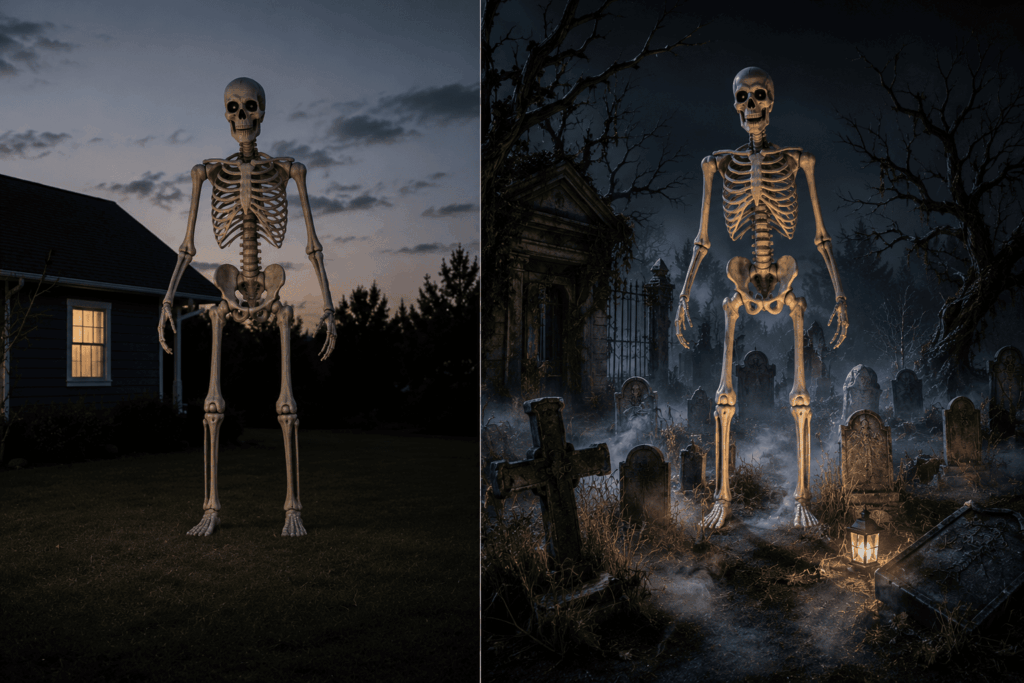 Comparaison visuelle avant après d’un squelette géant Halloween : seul dans un jardin sombre puis mis en scène dans un cimetière abandonné avec pierres anciennes, herbes hautes, brume basse et lumière dramatique.