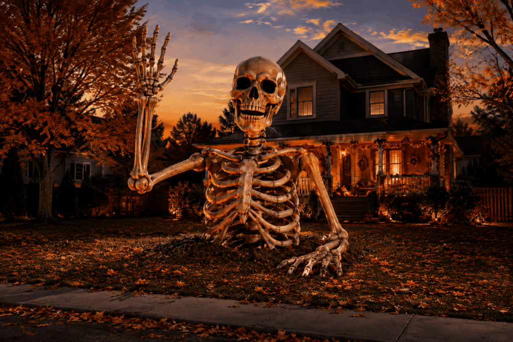 Un squelette géant surgit du sol dans un jardin décoré pour Halloween, devant une maison illuminée au crépuscule, avec des feuilles d’automne, une ambiance chaleureuse et inquiétante.