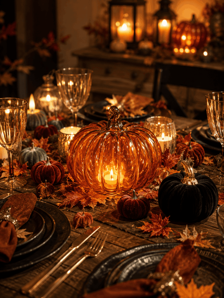 Table Halloween chic décorée avec citrouille en verre orange, mini-citrouilles en velours et bougies.