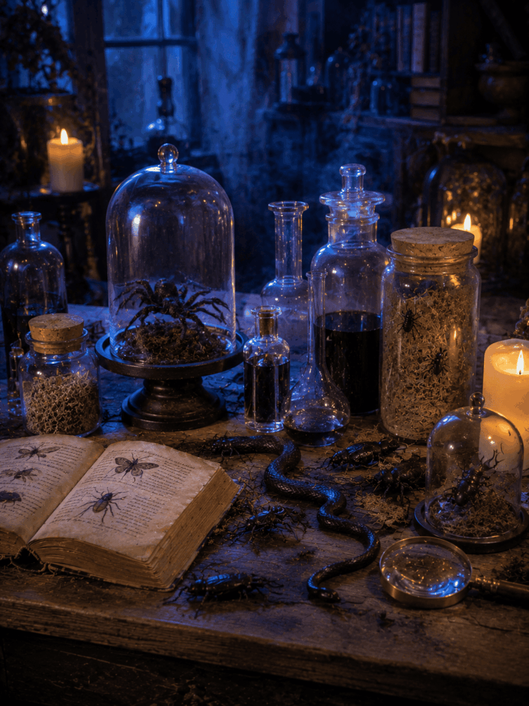 Table laboratoire Halloween avec fioles, insectes décoratifs et serpent noir.