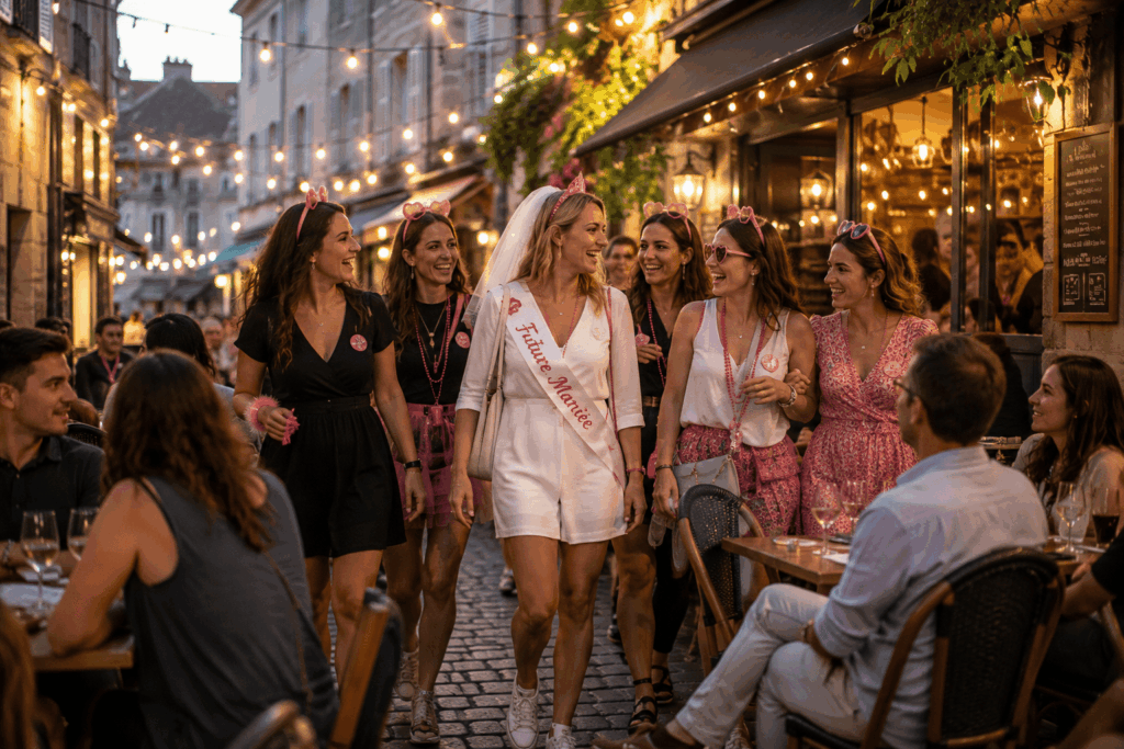 Groupe de femmes en team EVJF marchant dans une rue pavée avec terrasses de bar, future mariée au centre avec voile blanc, écharpe Future Mariée, accessoires roses, lunettes cœur et ambiance festive.