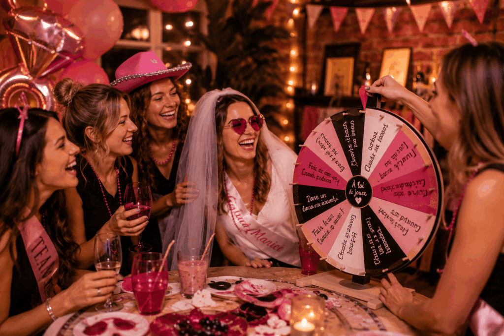 Groupe de femmes en team EVJF riant autour d’une roue des gages, avec future mariée au centre, voile blanc, écharpe Future Mariée, lunettes roses, boissons et décoration de soirée rose.