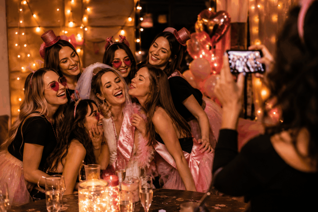Groupe de femmes en team EVJF posant pour une photo pendant une soirée festive, avec future mariée au centre, voile blanc, écharpe Future Mariée, tutus roses, lunettes cœur, ballons et guirlandes lumineuses.