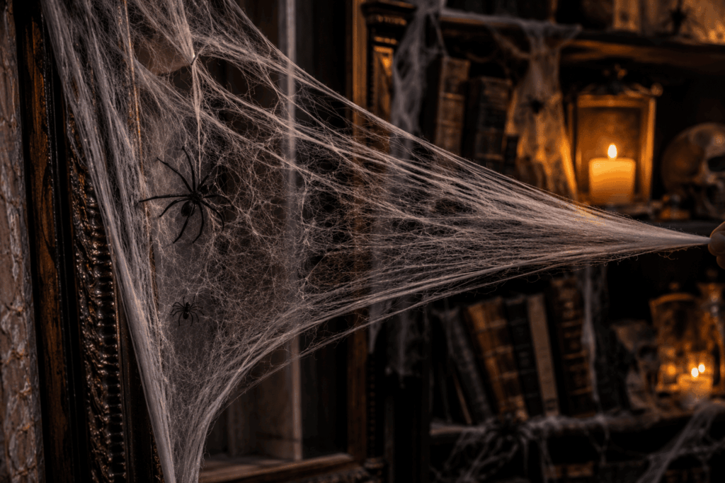Gros plan sur une fausse toile d’araignée Halloween blanche, bien étirée en fibres fines, avec araignées décoratives, livres anciens et lumière chaude en arrière-plan.