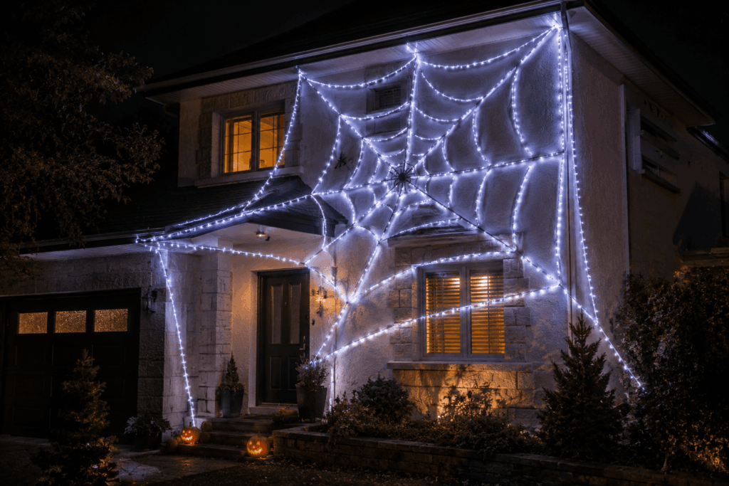 Maison décorée pour Halloween avec une grande toile d’araignée lumineuse à LED sur la façade, citrouilles éclairées, fenêtres chaleureuses et ambiance nocturne réaliste.