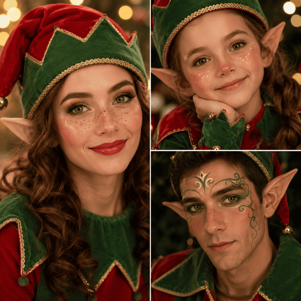 Portraits rapprochés de trois lutins de Noël avec bonnets, oreilles pointues et maquillages féeriques. On voit un maquillage simple et lumineux, un maquillage enfant avec joues rosées et petits points blancs, puis un maquillage professionnel avec arabesques vertes et dorées.