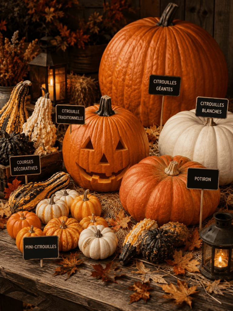 Table automnale réunissant plusieurs types de citrouilles pour Halloween, dont une citrouille traditionnelle sculptée, un potiron, des courges décoratives, des mini-citrouilles et une citrouille blanche.