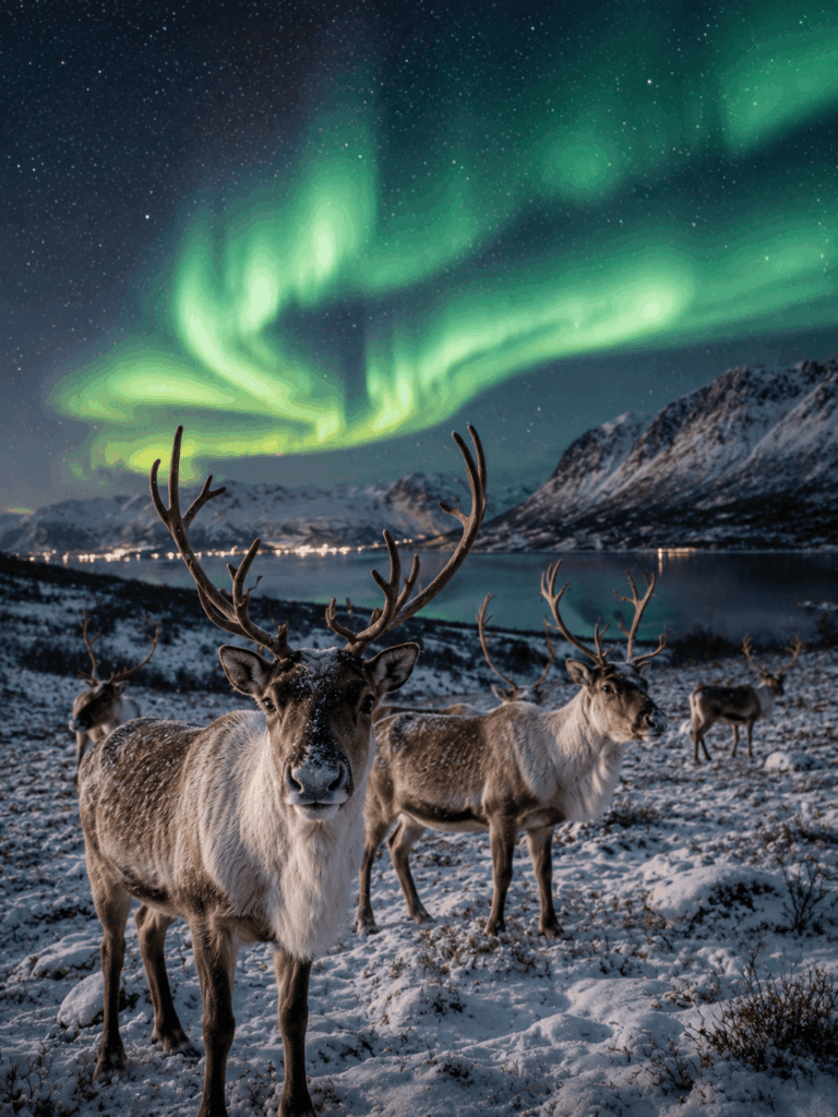 Groupe de rennes sauvages dans un paysage enneigé de Laponie, sous une spectaculaire aurore boréale verte illuminant le ciel arctique.