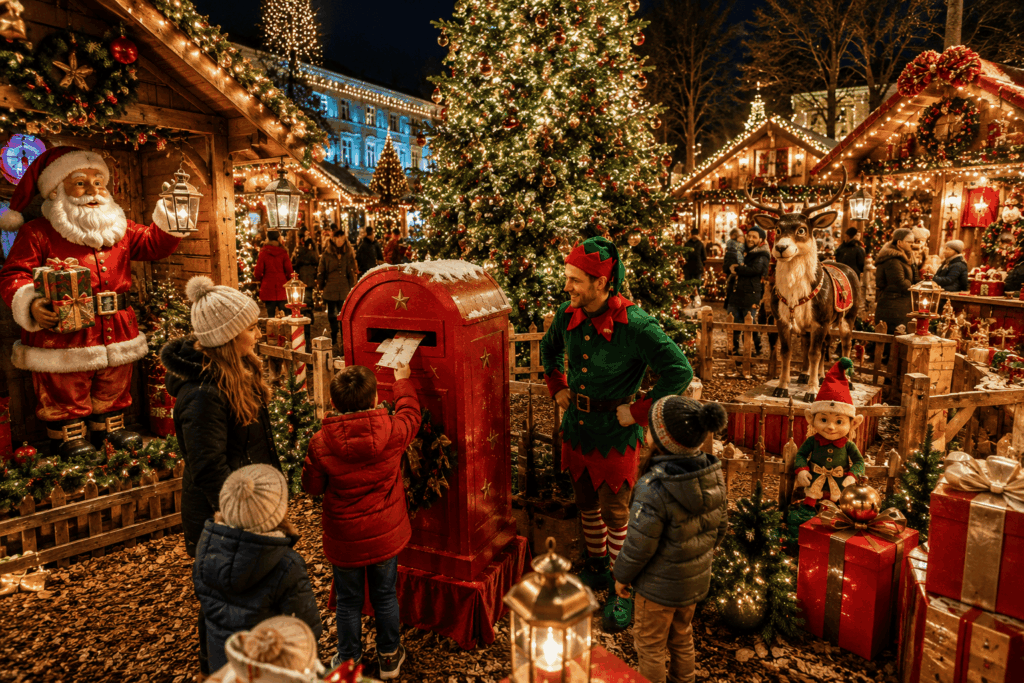 Village du Père Noël décoré avec une boîte aux lettres rouge, un grand sapin illuminé, des chalets, des automates de Noël et des familles venues profiter d’une animation féerique.
