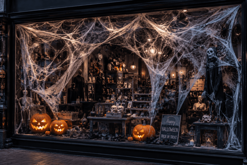 Vitrine de magasin décorée pour Halloween avec toiles d’araignée blanches étirées, citrouilles éclairées, squelettes, crânes et ambiance de maison hantée.