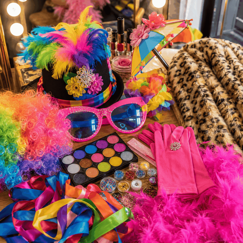 Table de préparation d’un clet’che pour le Carnaval de Dunkerque avec perruque colorée, chapeau à plumes, lunettes fantaisie, maquillage festif, paillettes, gants roses, rubans, petit parapluie décoré et manteau en fausse fourrure.