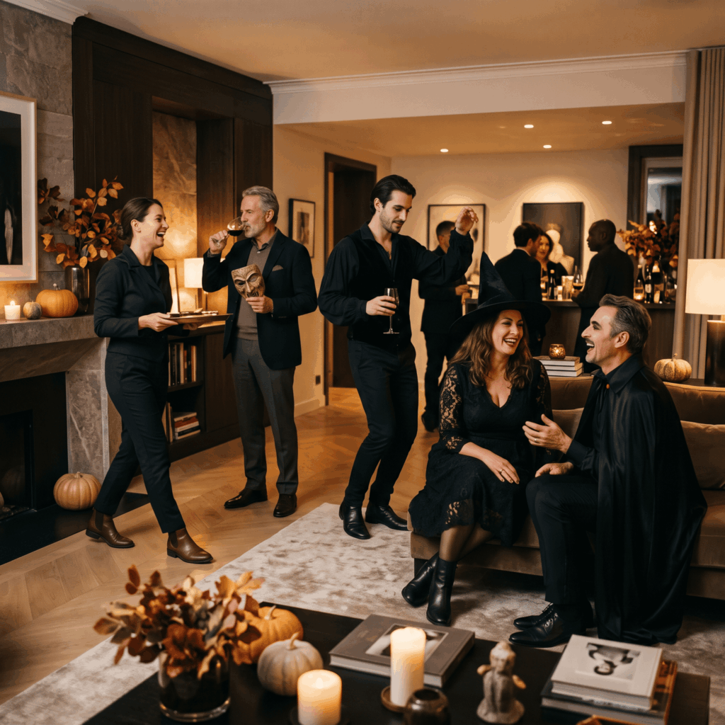 Des adultes de différents âges et morphologies profitent naturellement d’une soirée Halloween élégante. Certains dansent ou discutent, tandis qu’une invitée est assise et qu’un participant a momentanément retiré son masque. Les costumes restent pratiques, confortables et adaptés à plusieurs heures de fête.