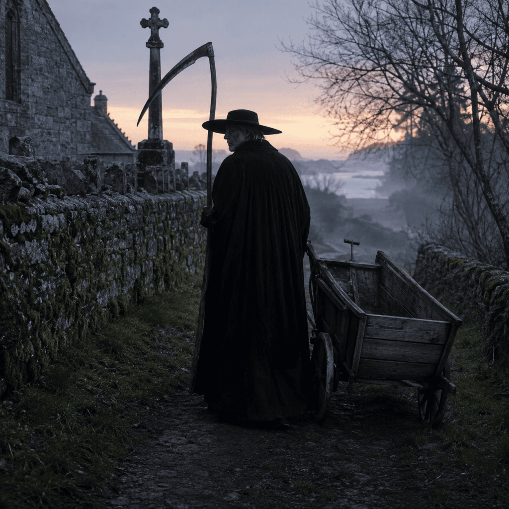 Représentation de l’Ankou breton avec cape sombre, large chapeau, faux et ancienne charrette sur un chemin de paroisse.