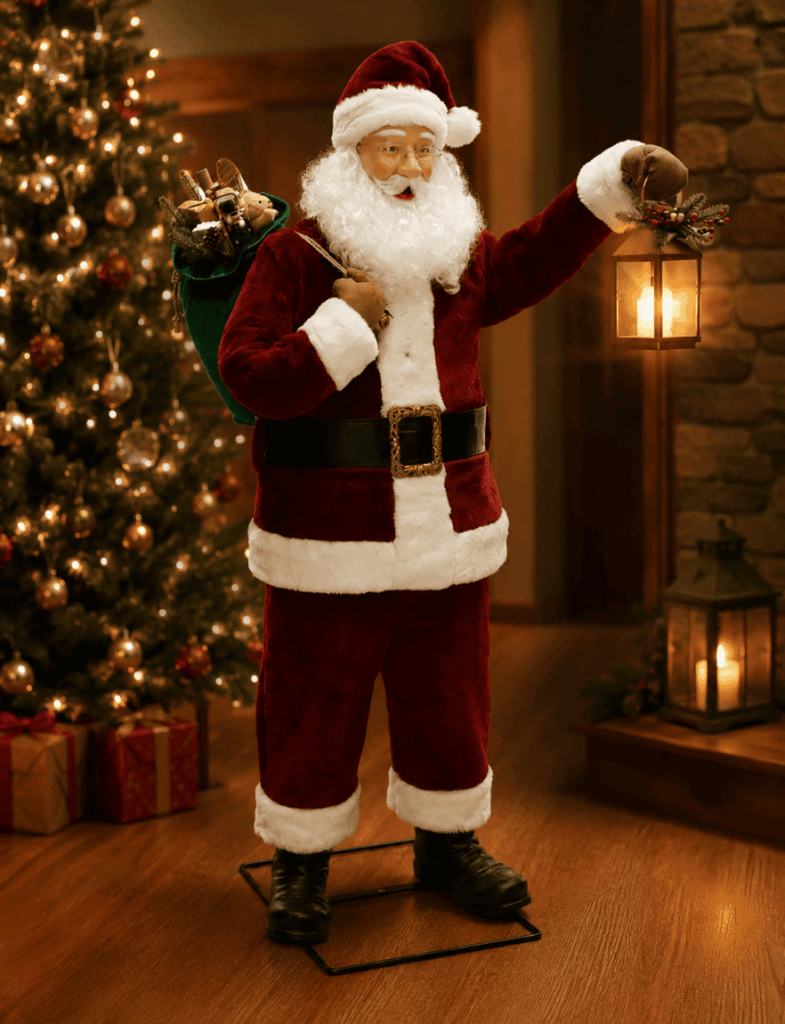 Automate Père Noël animé de 1,80 m présenté sur fond neutre, parfait pour illustrer un personnage central de décoration de Noël