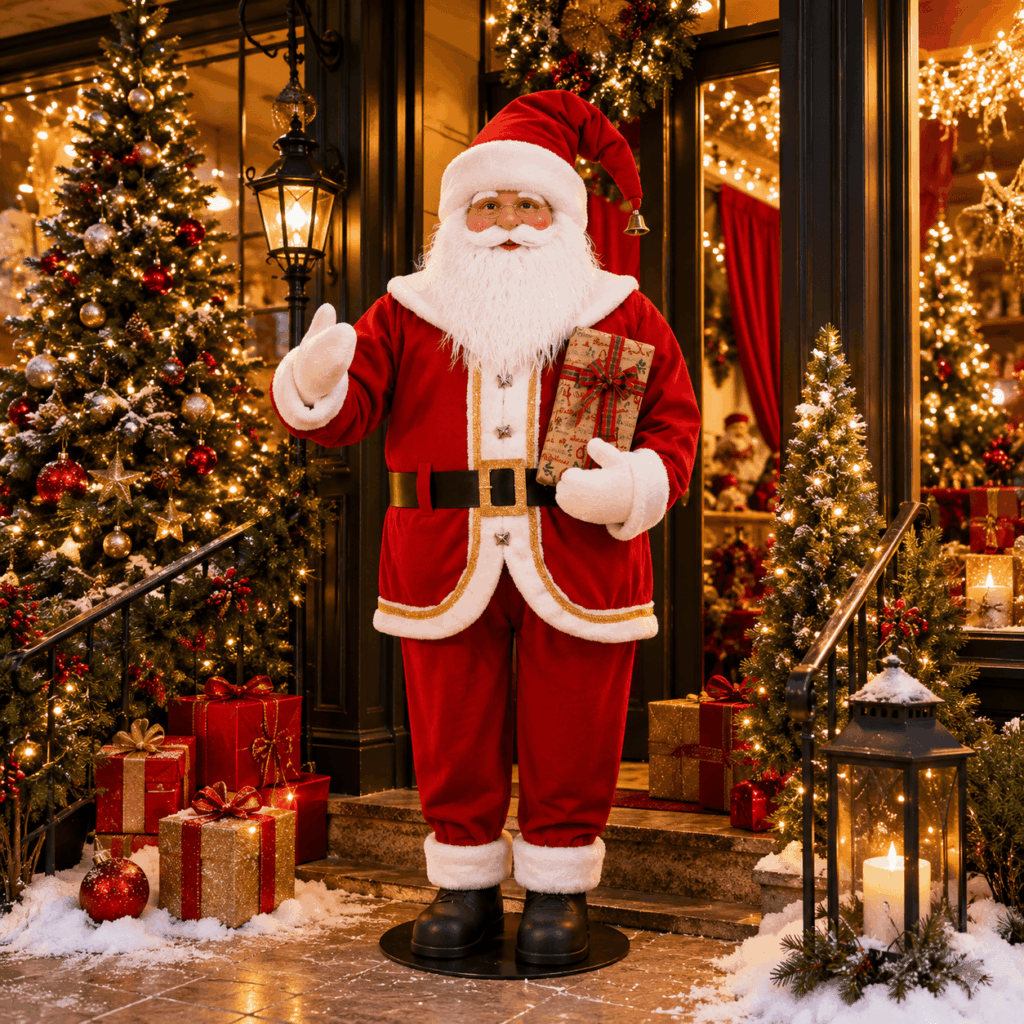 Automate Père Noël grandeur nature de 1,80 m tenant un cadeau, idéal pour une vitrine, une maison du Père Noël, une collectivité ou un décor de Noël animé.