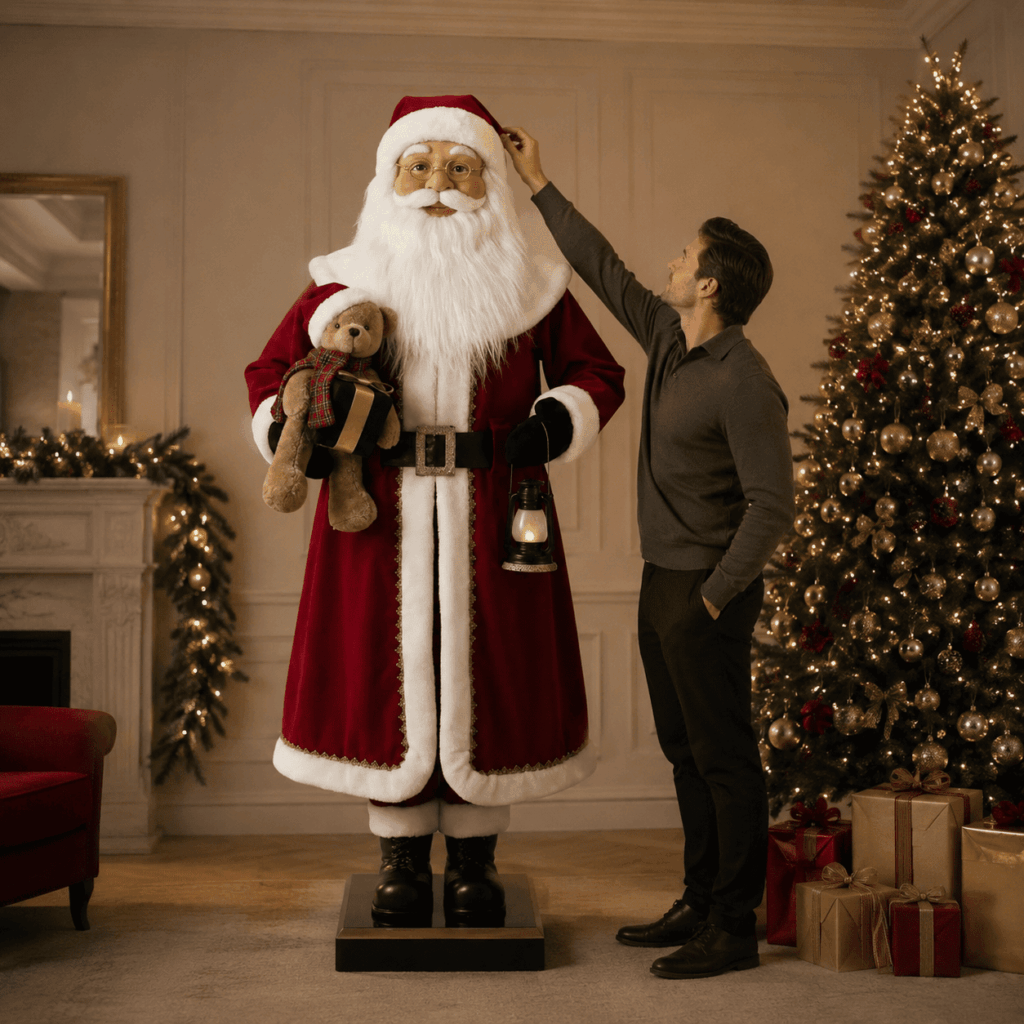 Grand automate Père Noël de 2 mètres installé dans un décor de Noël chaleureux, avec un homme de 1,80 m ajustant son bonnet pour montrer sa hauteur réelle.