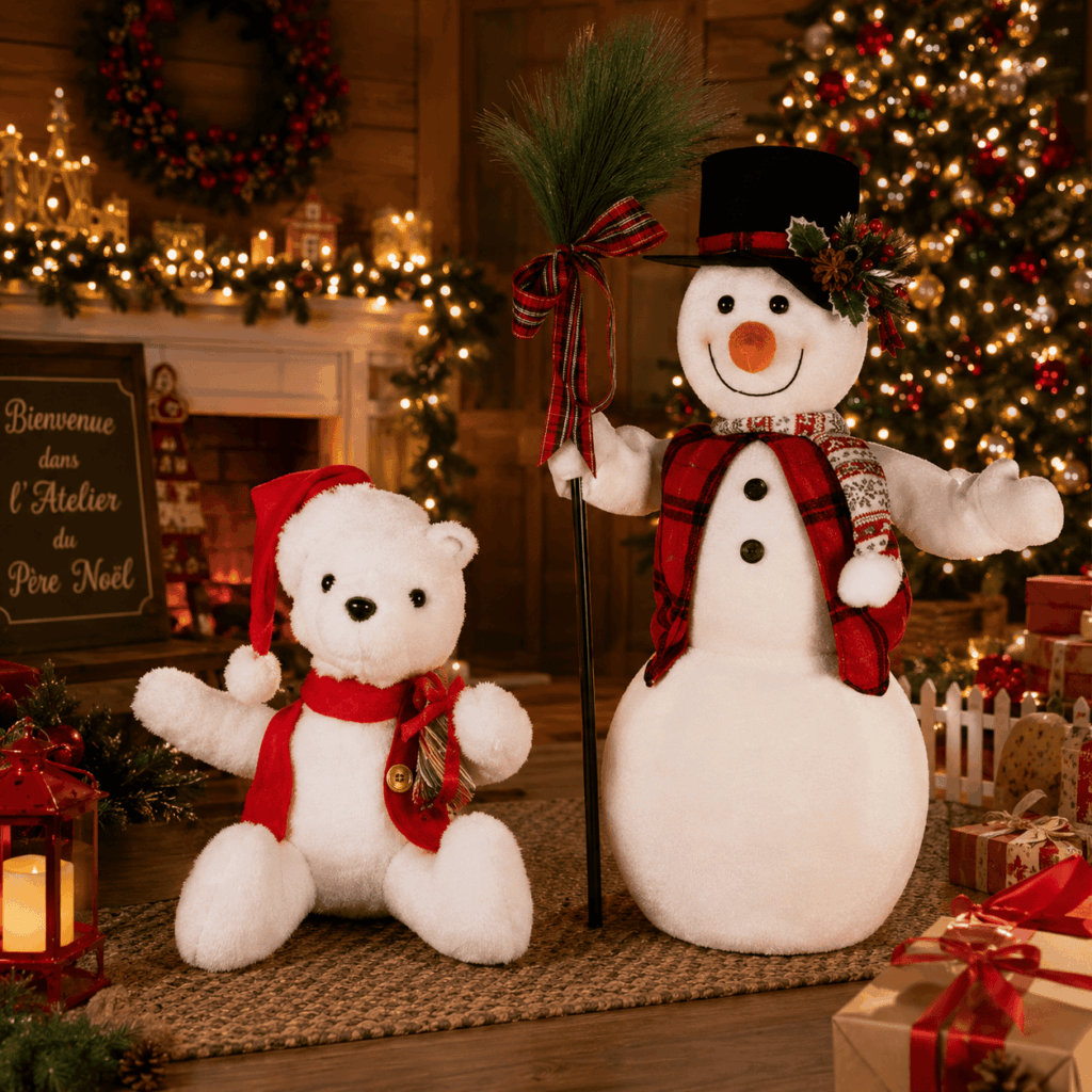 Un ours polaire animé et sonore de Noël et un bonhomme de neige automate sont présentés dans un univers chaleureux, parfait pour créer une décoration de Noël familiale, douce et rassurante.