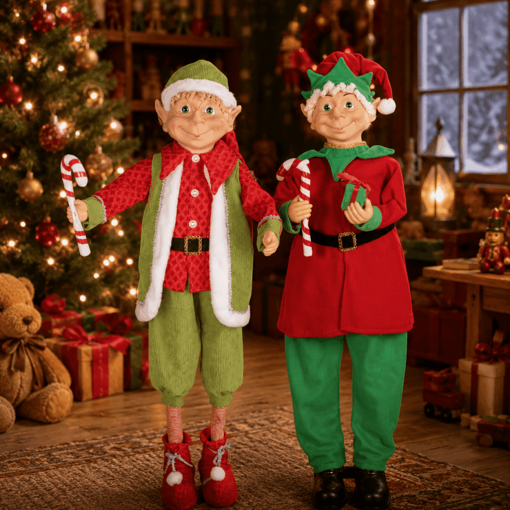 Deux automates lutins de Noël en rouge et vert, installés dans un décor chaleureux d’atelier du Père Noël avec sapin lumineux, cadeaux et ambiance féerique.