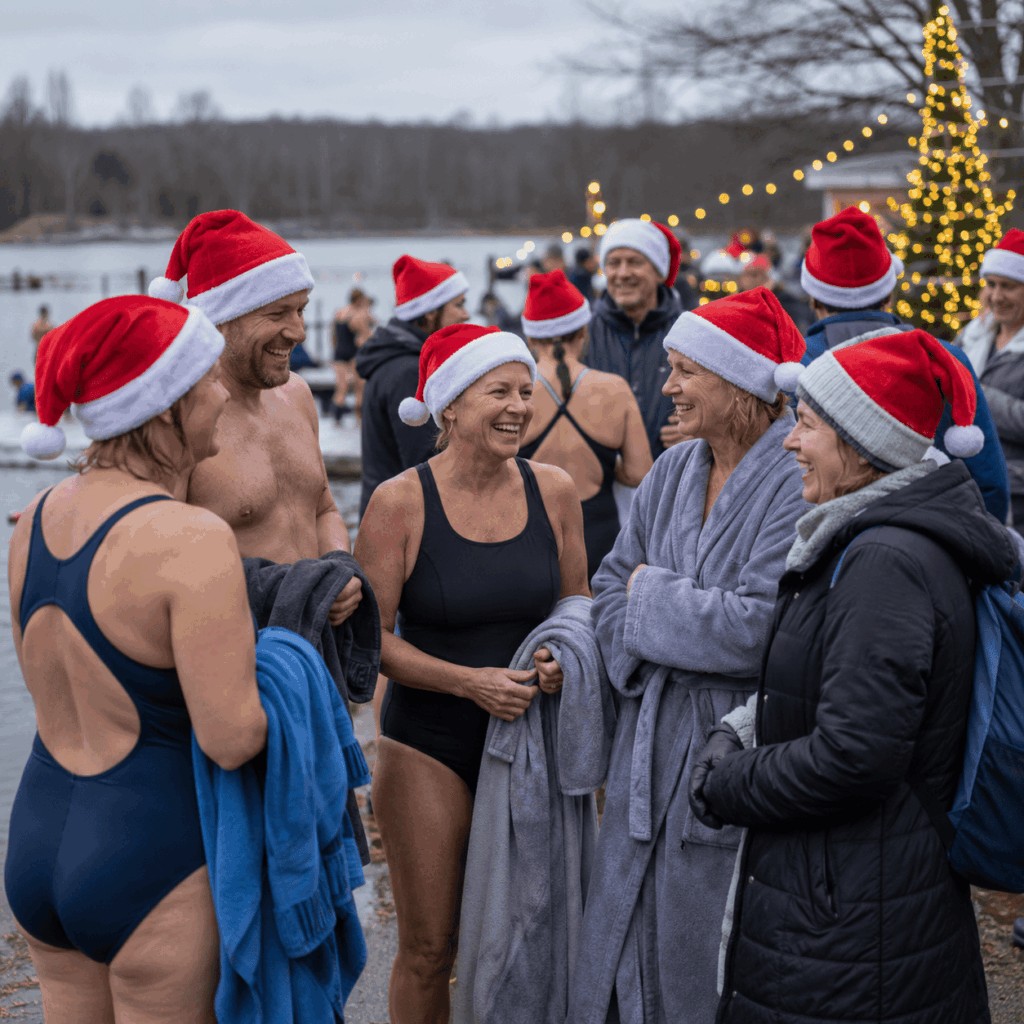 Un groupe de baigneurs souriants porte des bonnets de Père Noël au bord d’un lac en hiver, lors d’un bain froid collectif. Certains sont en maillot, d’autres enveloppés dans des peignoirs, avec des lumières de Noël et un sapin illuminé en arrière-plan, dans une ambiance conviviale et festive.