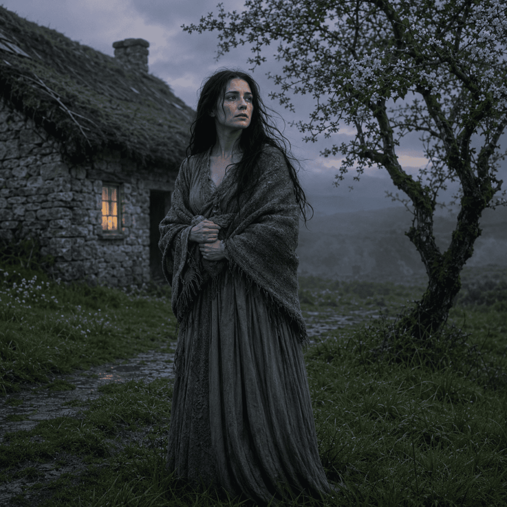 Interprétation réaliste et sobre d’une Banshee irlandaise, seule près d’une maison rurale, avec cheveux libres, robe ancienne et expression de deuil.