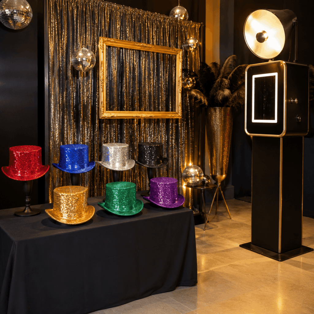 Présentés près du photobooth, les sept hauts-de-forme colorés deviennent à la fois une animation et un accessoire photo.