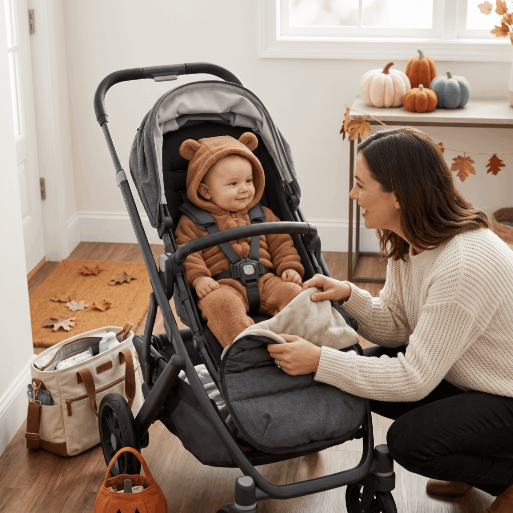Parent préparant une sortie d’Halloween avec un bébé installé confortablement dans une poussette, portant un costume souple, avec harnais bien positionné et sac de change prêt à côté.