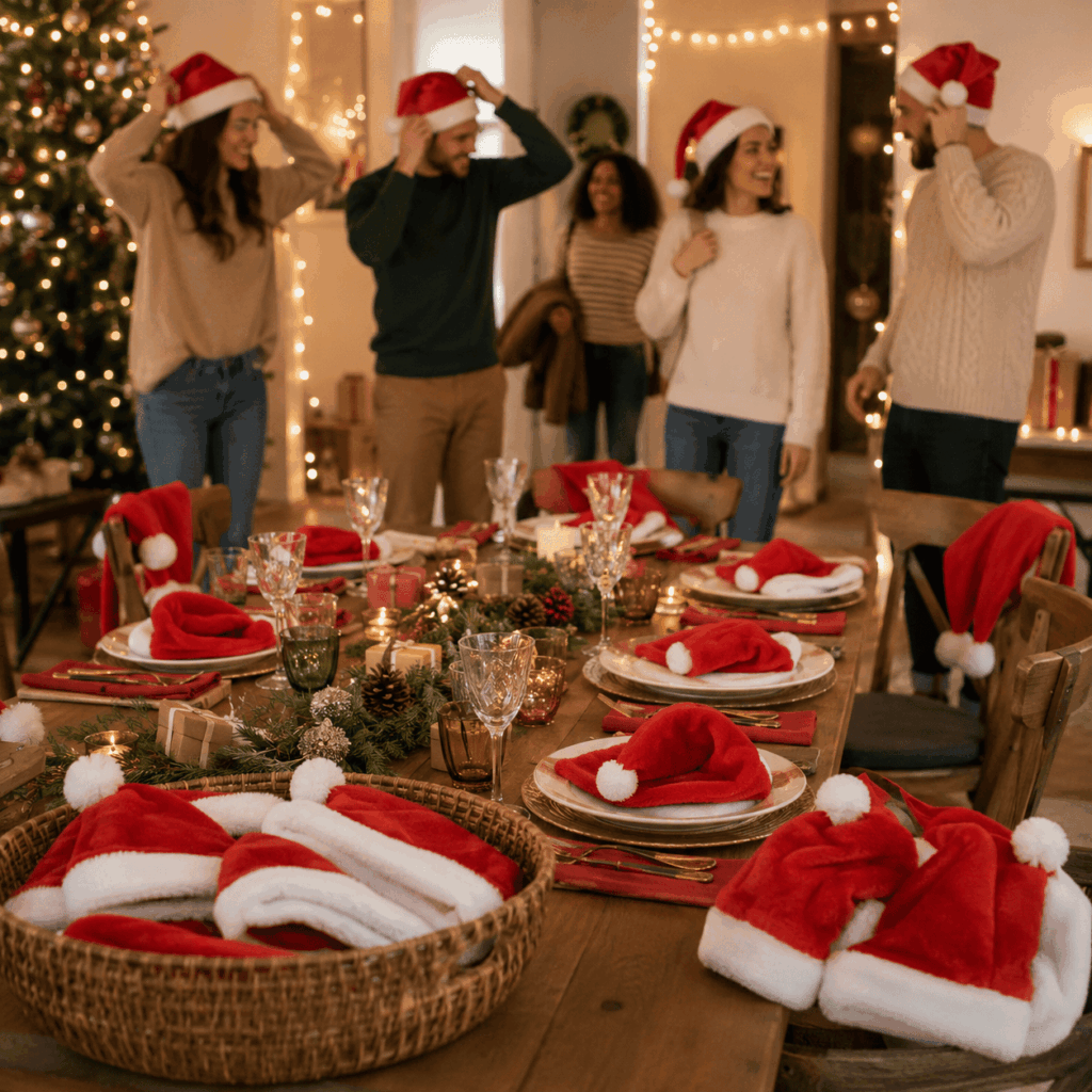 Une grande table de repas décorée pour Noël présente plusieurs bonnets de Père Noël rouges et blancs posés sur les assiettes, les chaises et dans un panier au premier plan. En arrière-plan, des adultes souriants enfilent leur bonnet dans une ambiance chaleureuse, simple et festive, idéale pour un repas de groupe ou un événement de fin d’année.