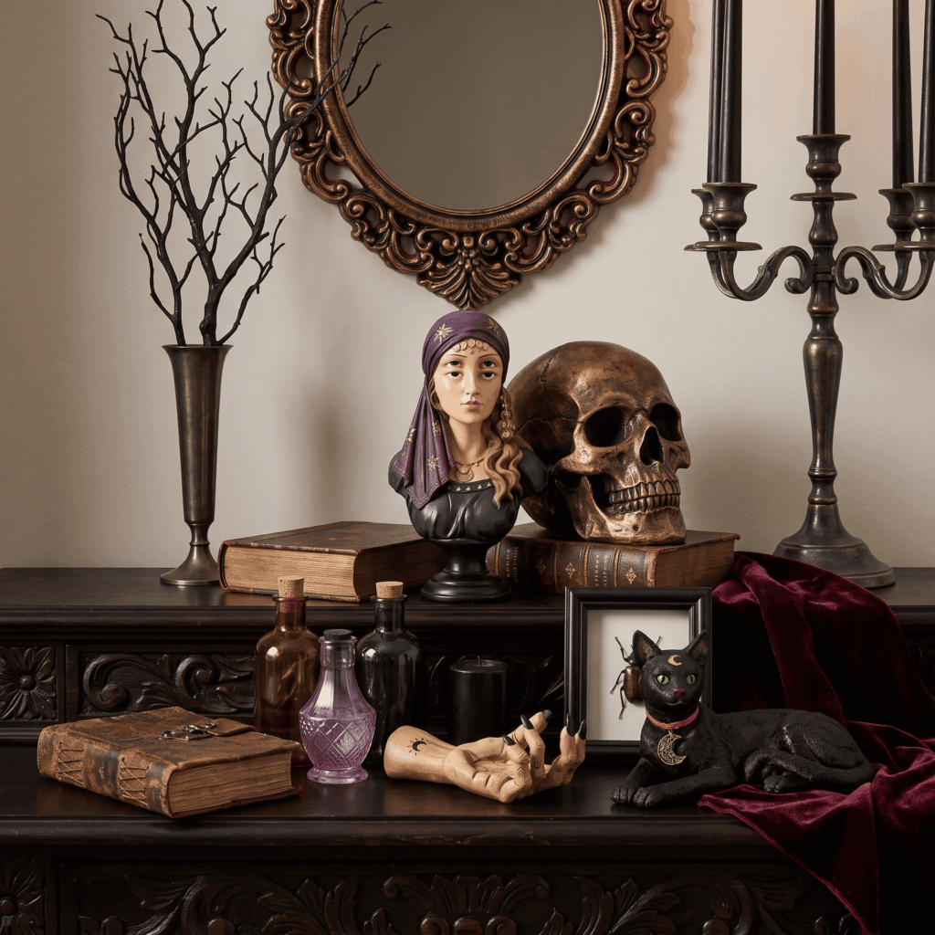 Console gothique élégante organisée avec un miroir et un chandelier en hauteur, une pièce maîtresse au centre, puis des fioles, un grimoire et une bougie noire au premier plan.