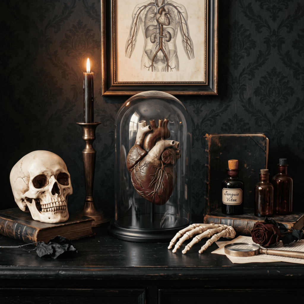 Meuble ancien décoré d’un cœur anatomique sous cloche, d’un crâne, d’une main squelettique, de fioles sombres et d’un chandelier dans un style scientifique victorien.