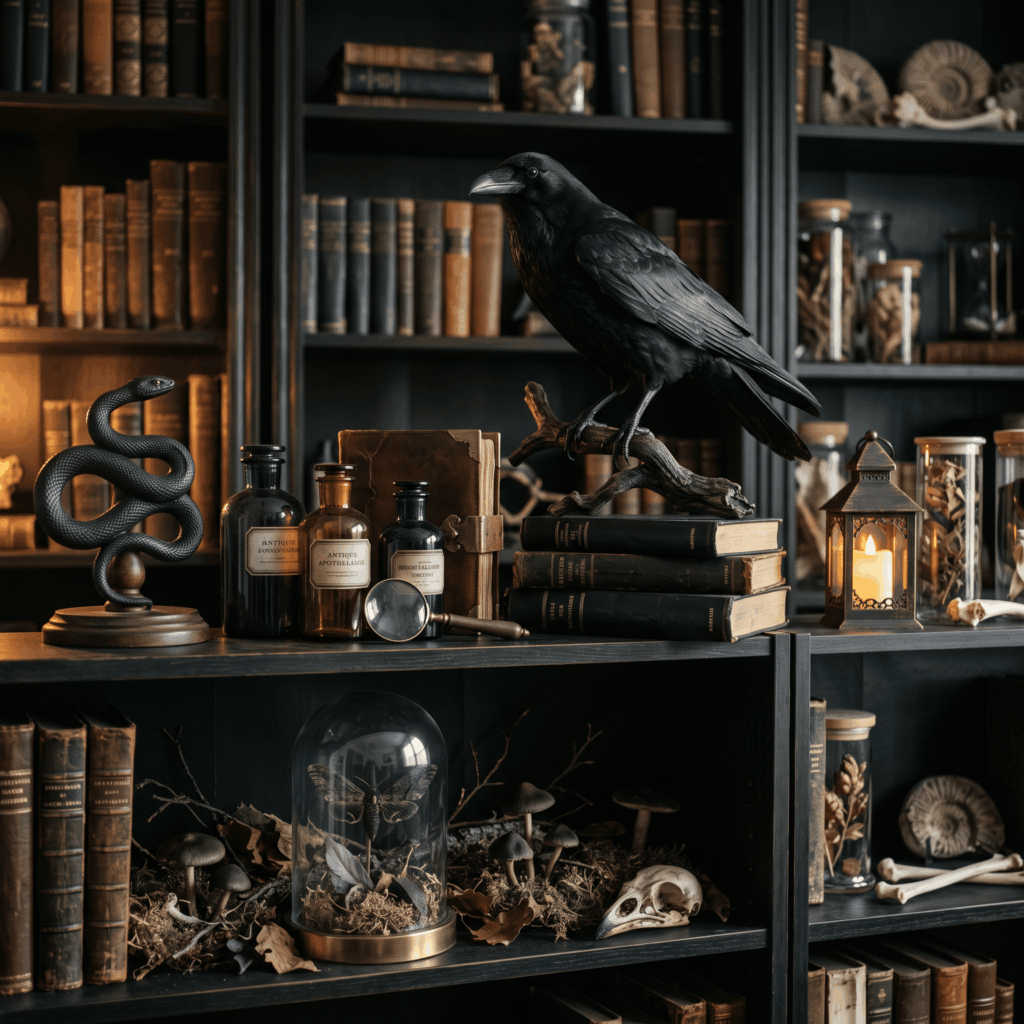 Bibliothèque gothique en bois sombre décorée d’un corbeau, d’un serpent, de fioles d’apothicaire, de grimoires, d’un insecte sous cloche et de végétaux sombres.