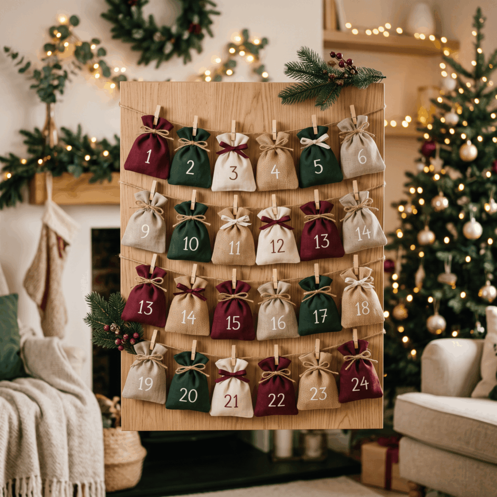 Un calendrier de l’Avent DIY réutilisable composé de 24 pochons en tissu naturel, bordeaux, vert sapin et kraft est fixé sur un panneau en bois stable dans un intérieur familial chaleureux à la décoration de Noël sobre.