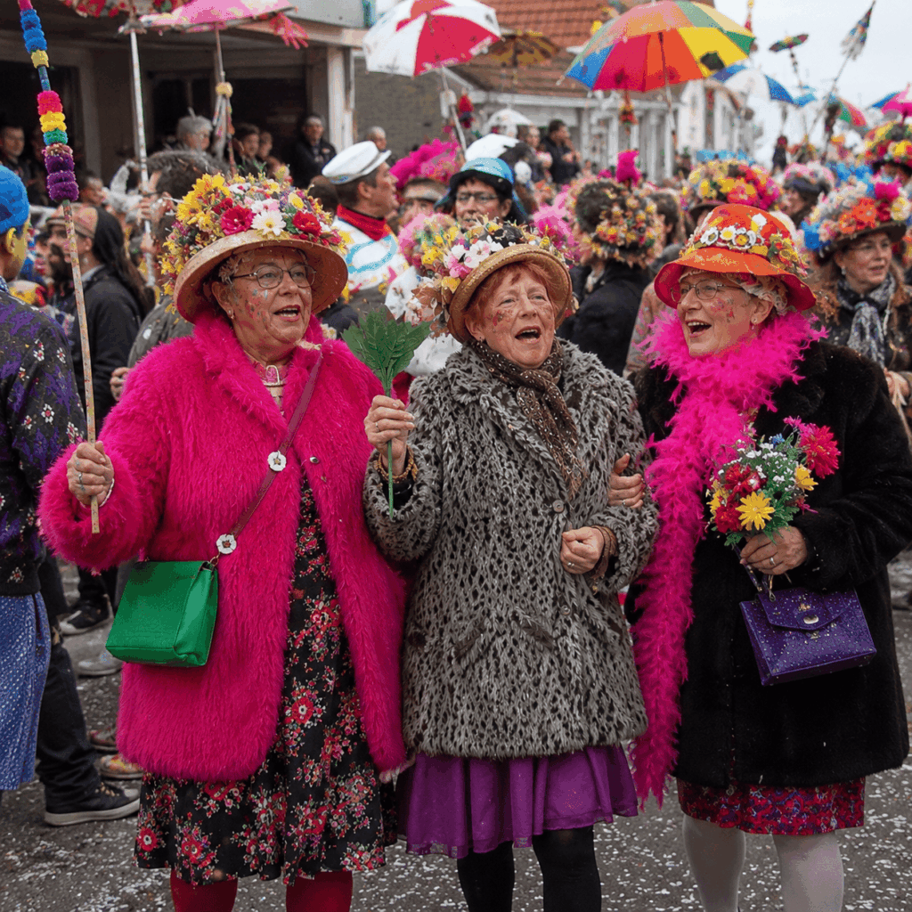 Trois carnavaleuses souriantes défilent bras dessus bras dessous dans une rue festive d’hiver, portant des manteaux en fausse fourrure, chapeaux fleuris, boas colorés, maquillage festif et accessoires de clet’che, avec une foule de carnavaleux et des parapluies décorés en arrière-plan.