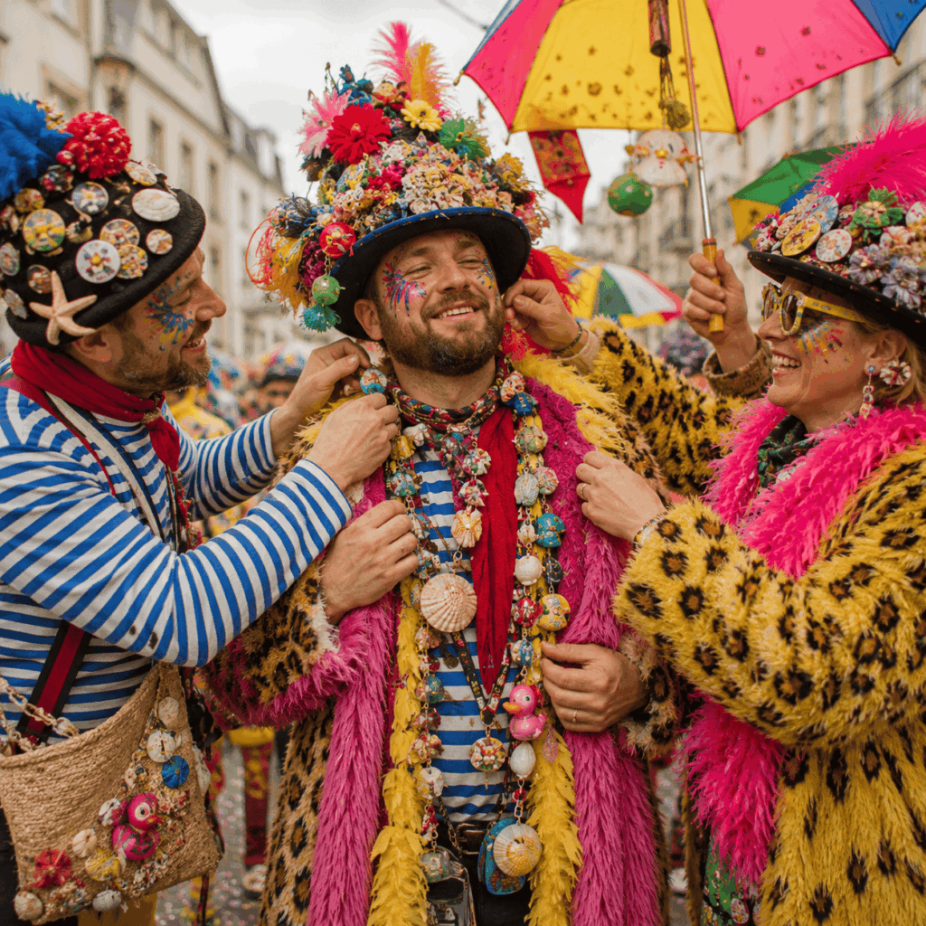 Trois carnavaleux dans une rue festive d’hiver préparent un clet’che très expressif pour le Carnaval de Dunkerque : manteau en fausse fourrure coloré, marinière revisitée, chapeaux décorés, plumes, accessoires marins, lunettes fantaisie, maquillage festif et parapluie coloré, dans une ambiance complice et joyeuse.