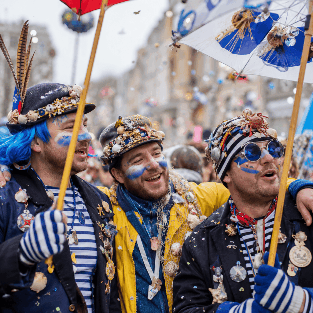 Trois carnavaleux dans une rue d’hiver portent des tenues inspirées de l’univers marin-pêcheur, avec marinières, chapeaux décorés, coquillages, perruque colorée, lunettes fantaisie, maquillage festif et parapluies décorés pour illustrer les accessoires du clet’che au Carnaval de Dunkerque.