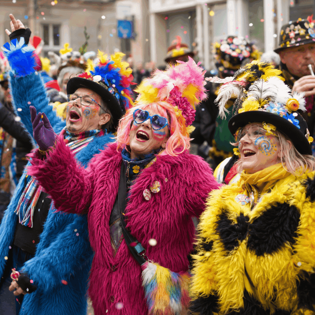 Petit groupe de carnavaleux joyeux dans une rue d’hiver, portant des manteaux en fausse fourrure colorés, perruques, chapeaux à plumes, lunettes fantaisie et maquillage festif, bras levés au milieu des confettis pour évoquer l’ambiance des bandes du Carnaval de Dunkerque.