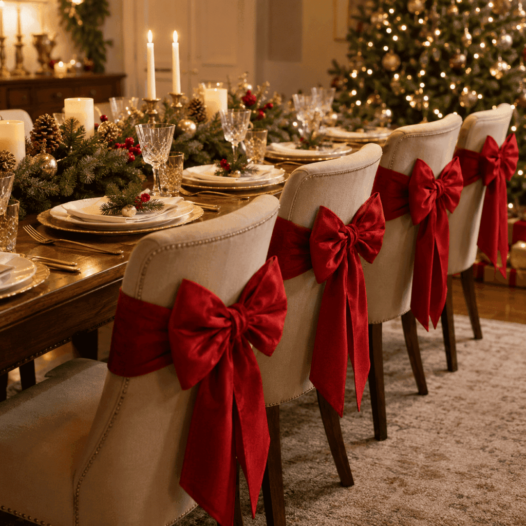 Salle à manger élégante décorée pour Noël avec une table de fête, des bougies, des branches de sapin et plusieurs chaises ornées de grands nœuds rouges en velours.
