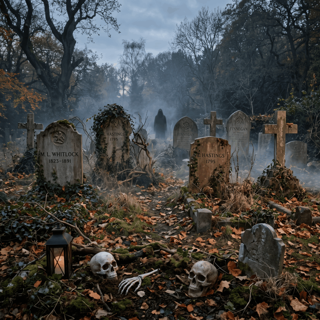 Cimetière Halloween montrant trois plans de profondeur avec éléments bas au premier plan, tombes principales au centre et silhouette sombre à l’arrière-plan.