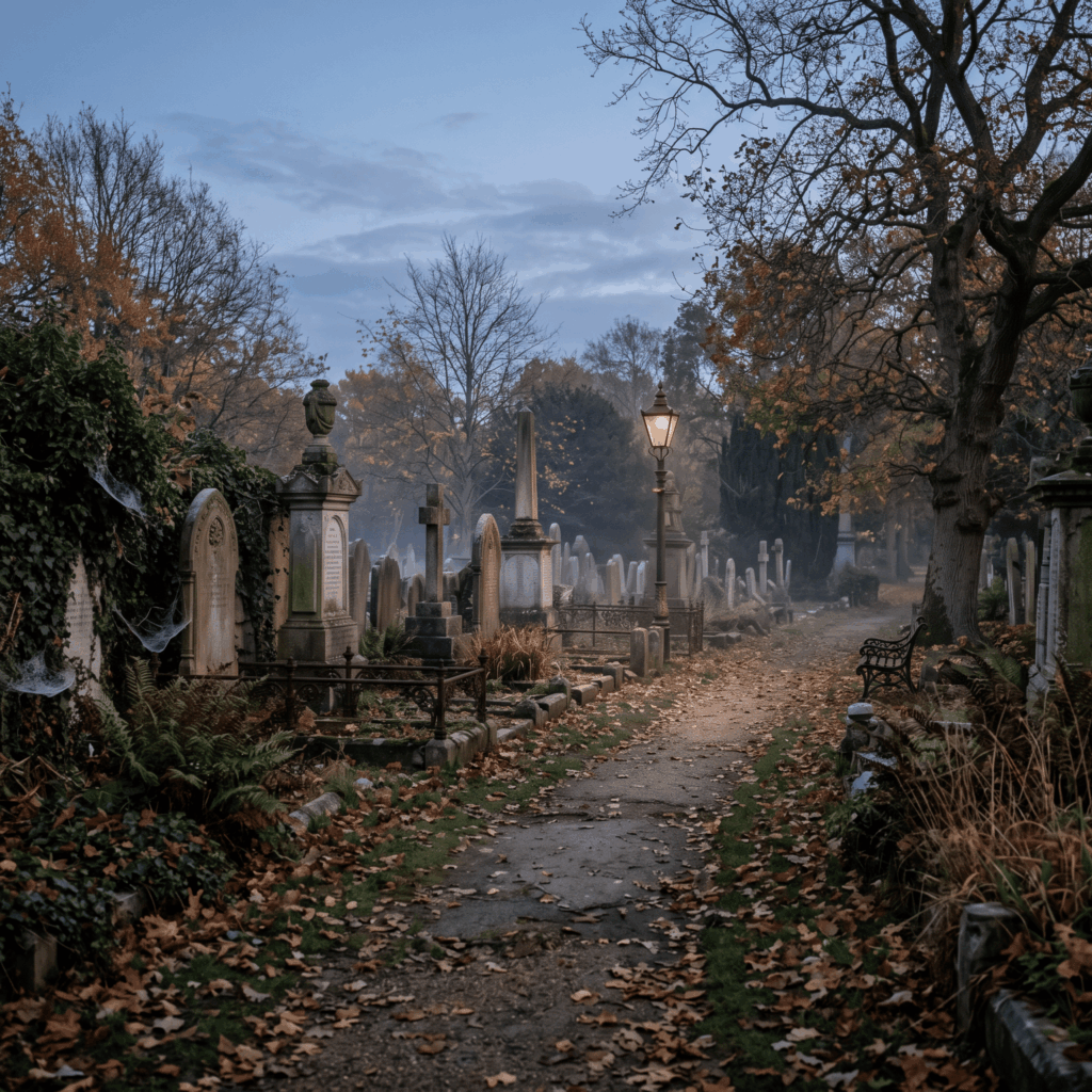 Décor de cimetière victorien Halloween dans un jardin, avec tombes anciennes, croix en pierre, feuilles d’automne, végétation vieillie et légère brume au crépuscule.