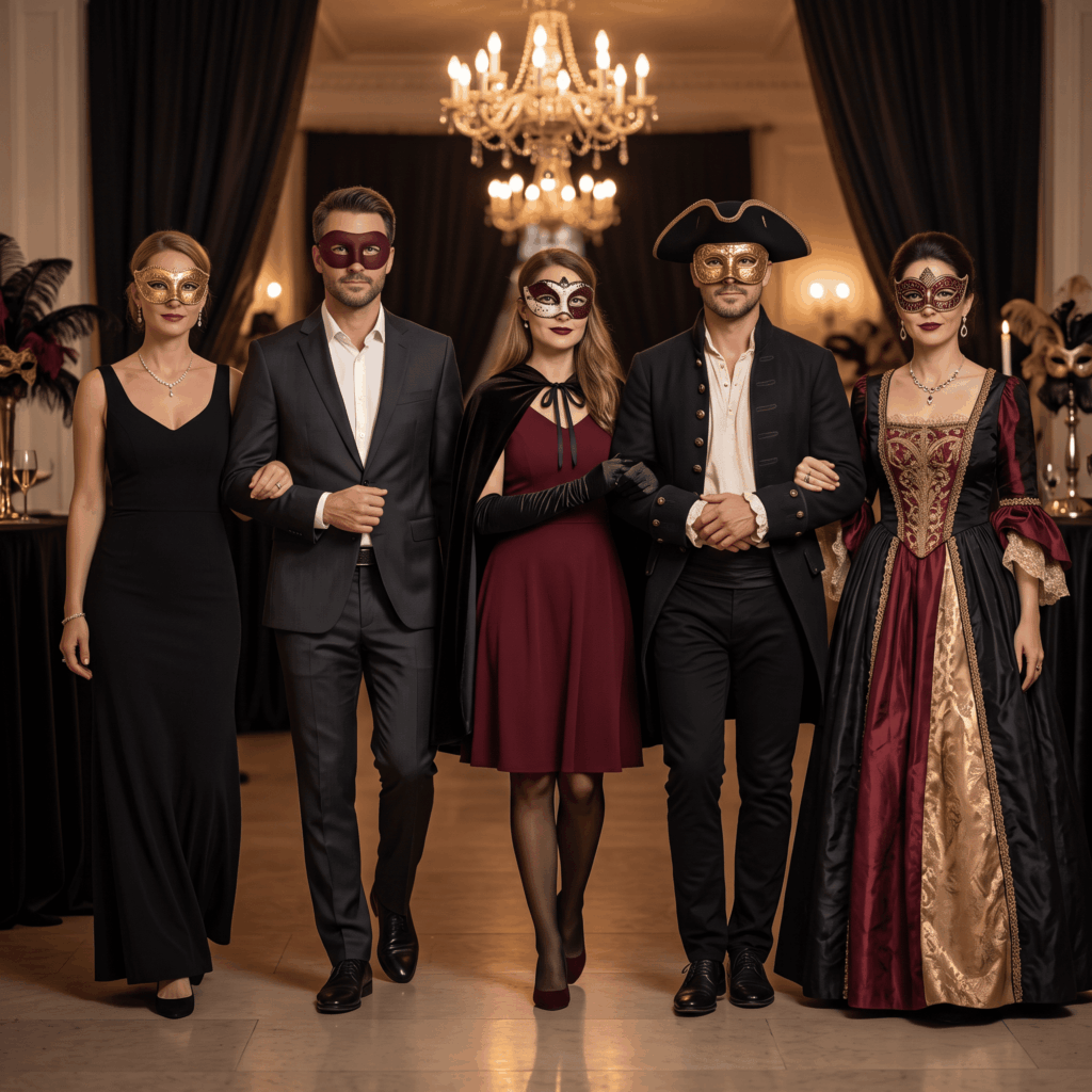 Cinq adultes portent des tenues vénitiennes plus ou moins élaborées, de la tenue de soirée avec masque au costume baroque complet, dans une palette commune noire, bordeaux et dorée.