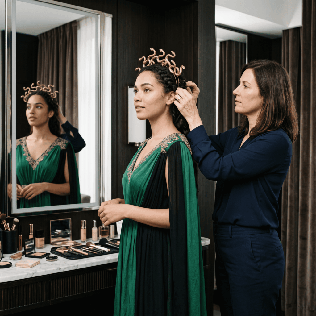 Une femme déguisée en Méduse porte une robe antique verte et noire tandis qu’une styliste ajuste une coiffe dorée ornée de petits serpents décoratifs sur ses cheveux tressés.