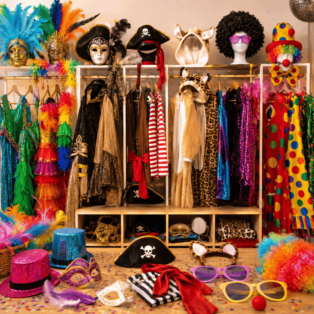 Un coin dressing de Carnaval présente plusieurs univers de déguisements avec des accessoires Rio, Venise, pirate, animal, disco et clown joyeux pour aider à choisir un costume selon le thème de la fête.