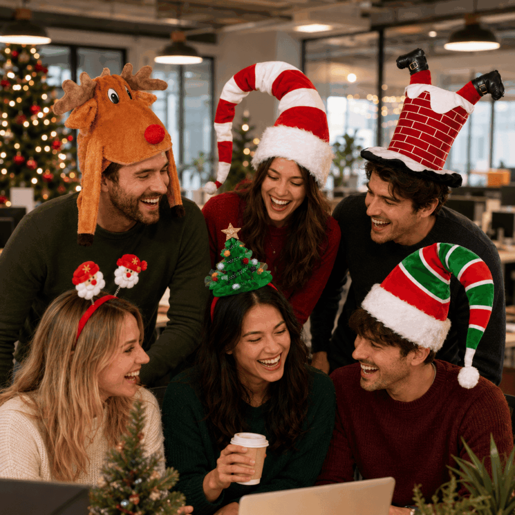 Dans un bureau en open space décoré pour Noël, un groupe de collègues souriants se rassemble autour d’un ordinateur portable en portant des accessoires humoristiques : bonnet renne, bonnet rayé rouge et blanc, chapeau cheminée avec jambes de Père Noël, mini sapin sur serre-tête, bonnet de lutin et serre-tête Père Noël. L’ambiance est joyeuse, décalée et conviviale.