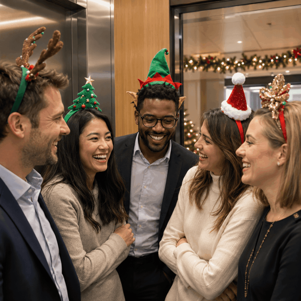 Un petit groupe de collègues sourit et échange dans un bureau décoré pour Noël. Ils portent différents serre-têtes de Noël : bois de renne, sapin, lutin, mini bonnet de Père Noël et nœud festif, illustrant le côté amusant, immédiat et facile à adopter de ces accessoires en entreprise.
