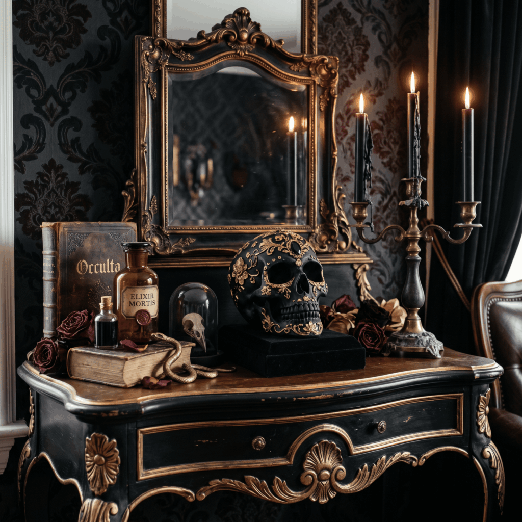 Console victorienne noire décorée pour Halloween avec un miroir baroque, un crâne noir et or, un chandelier, un grimoire, des fioles et quelques roses sombres dans un style gothique élégant.