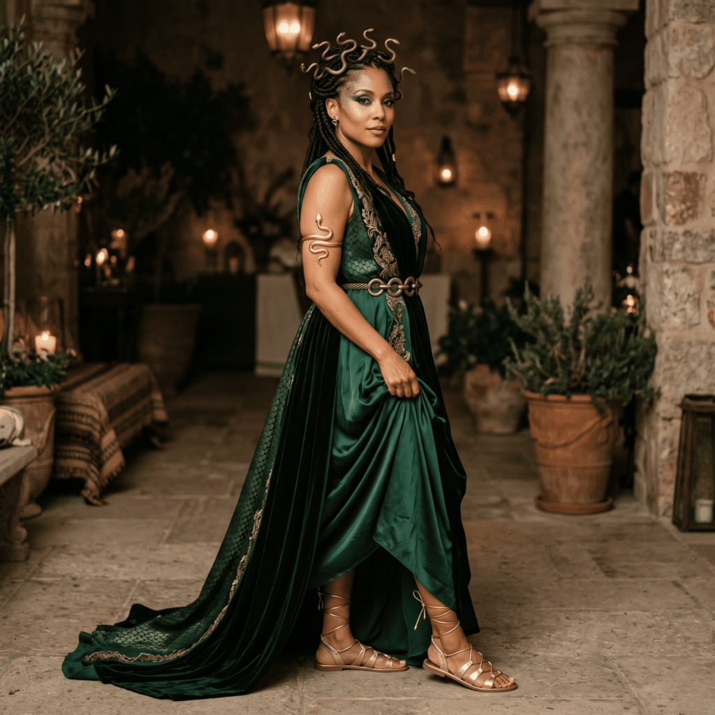 Une femme déguisée en Méduse porte une robe antique verte et noire, une coiffe à serpents, un bracelet serpent doré, une ceinture métallique et des sandales à lanières.